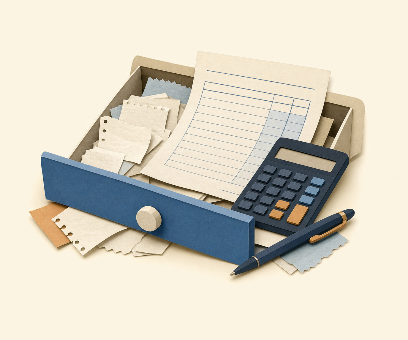A desk drawer overflowing with receipts and forms, a calculator and a tax return on top.