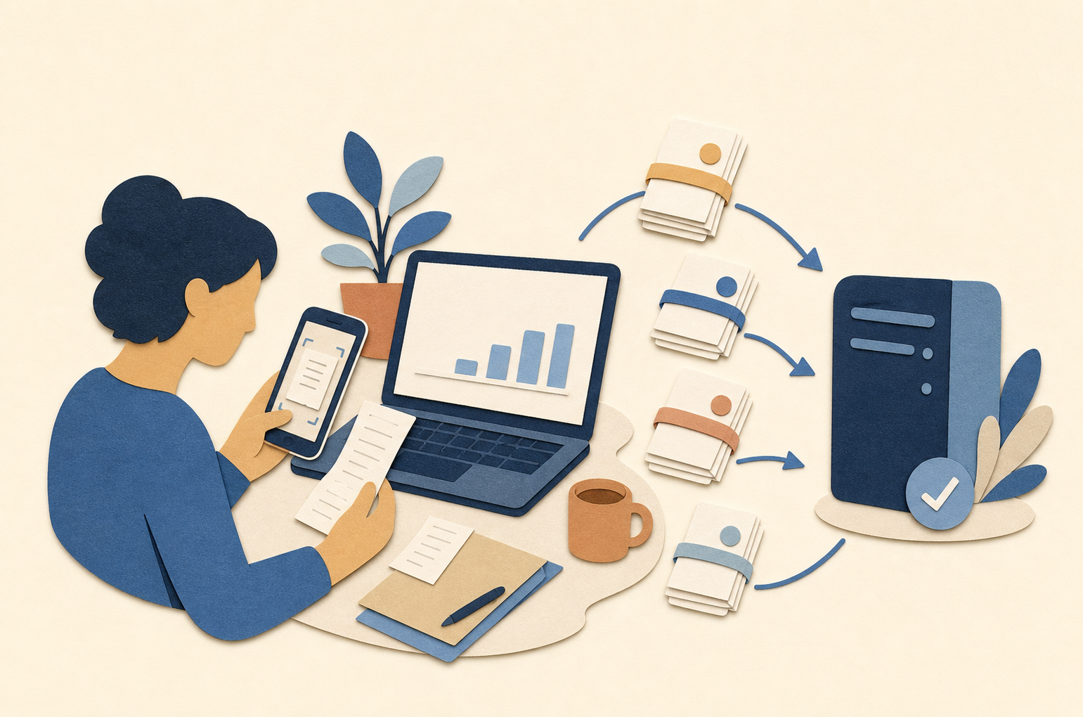 A sole trader at a laptop and phone with quarterly updates flowing toward HMRC.